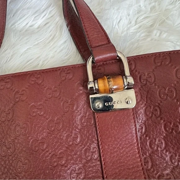 Authentic Gucci Guccissima GG Burgundy Wine Red Tote Bamboo Leather Bag ♥️ - Picture 5 of 11